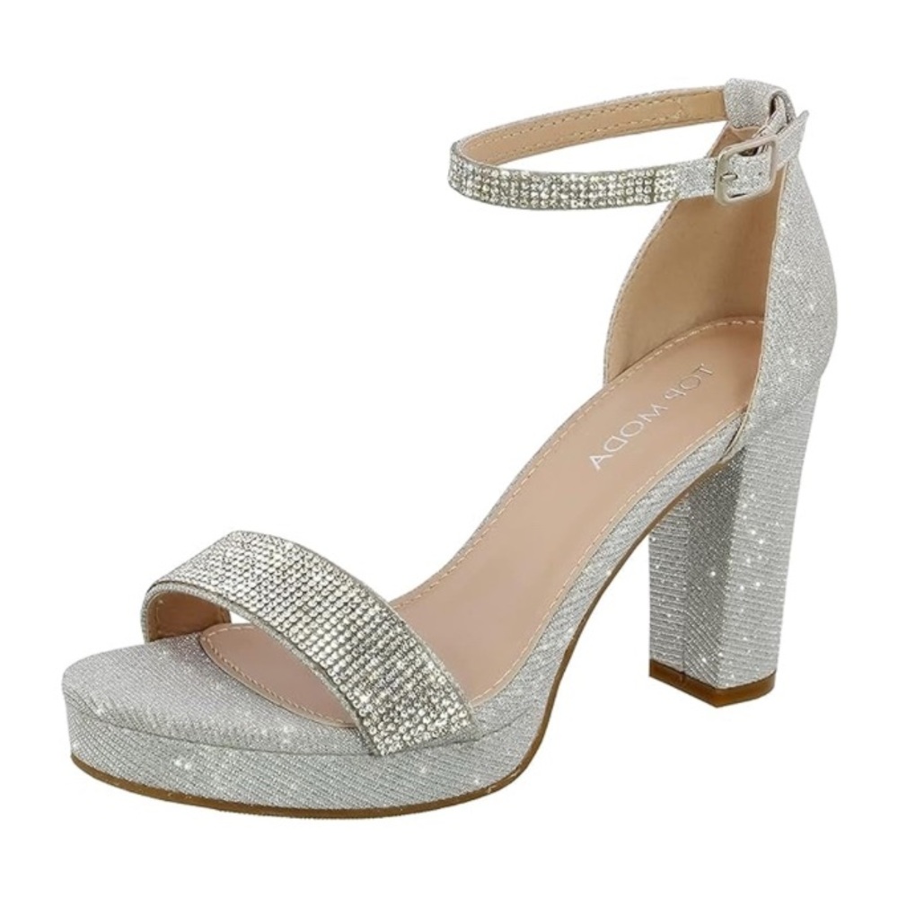 Sparkling Silver Block Heel Sandals